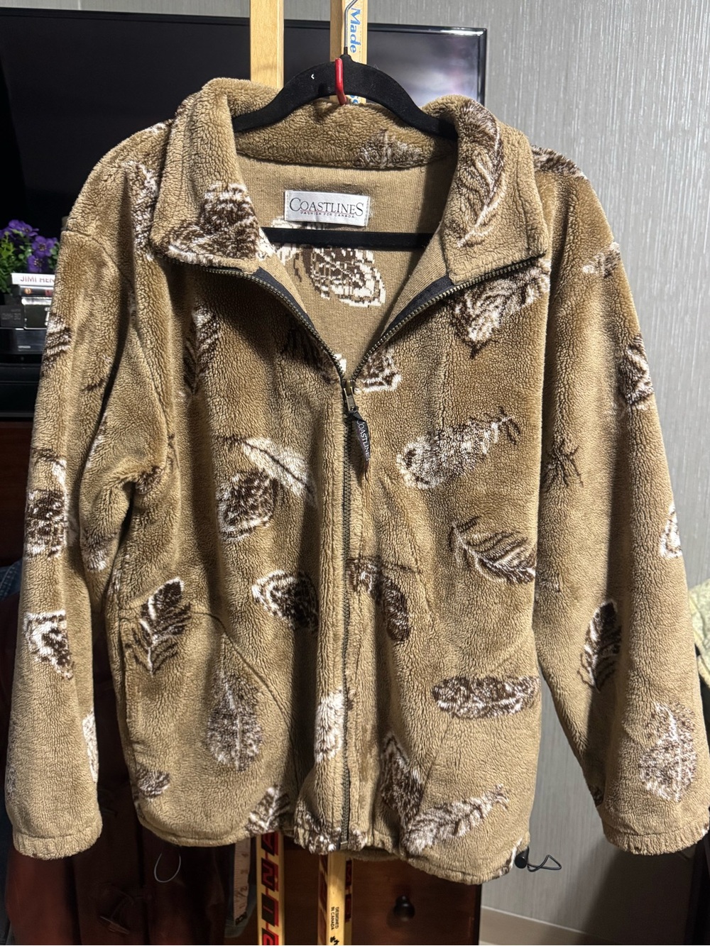 Vintage 90s Coastlines Fashion For Canada Fleece Jacket Feather Pinecone Print